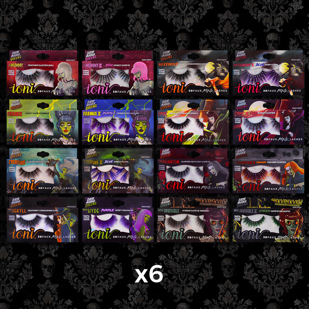 Classic Horror Queens Full Bar: 96-pair Lashes (16 styles) + Lash Bar Display